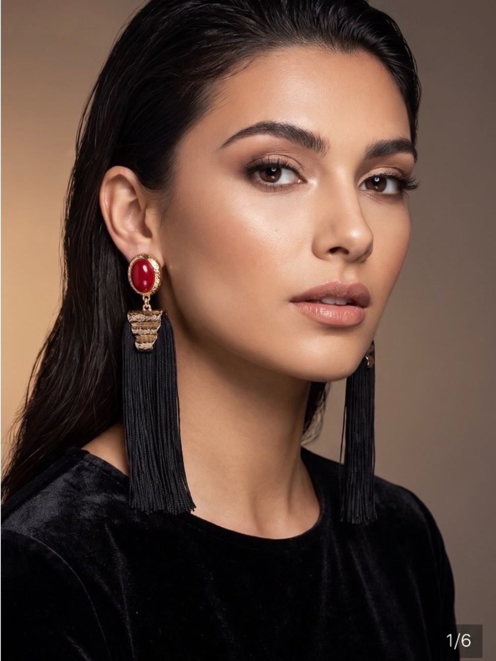 Euro 💶 Night Out Inspo,Red Stone & Gold Tassel Earrings with Navy Fringe